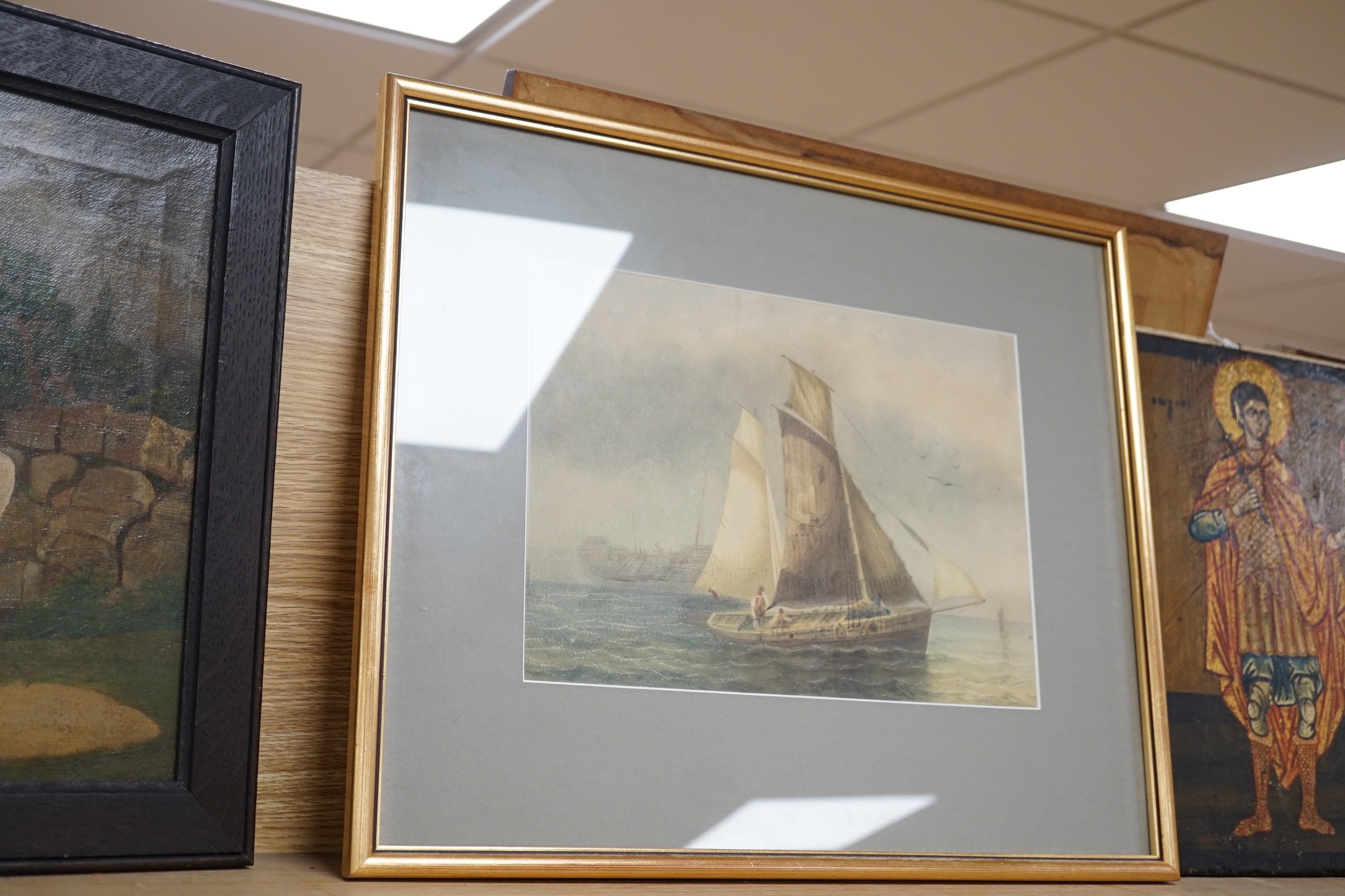 William Roxby Beverley (1811-1889), watercolour, Fishing boat and hulk off the coast, 22 x 30cm